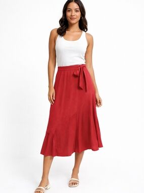 Tie-Waist Midi Skirt in Brick Red